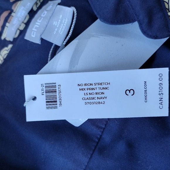 NWT CHICO'S Classic Navy Mix Print Mandarin Collar No Iron Tunic  Size 3/L - Picture 9 of 9